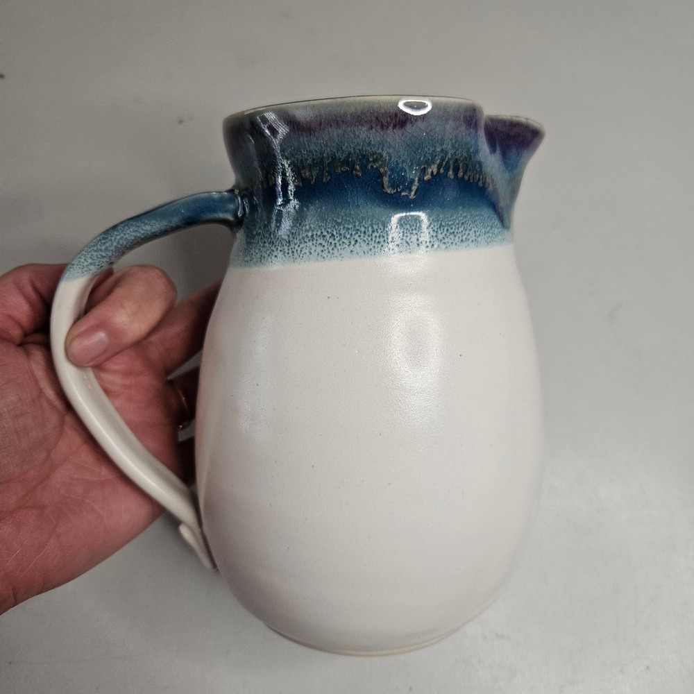 Studio Pottery Hand Thrown Glazed Stoneware Pitcher Blue Purple White 6.5"